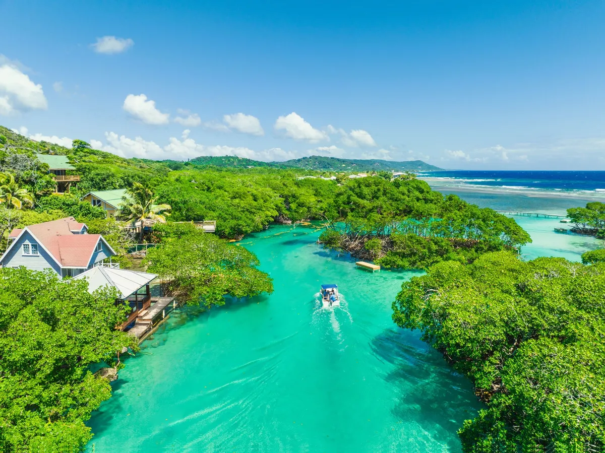 Aerial view of Roatan's green jungle and turquoise coast, the setting for the zip line tour