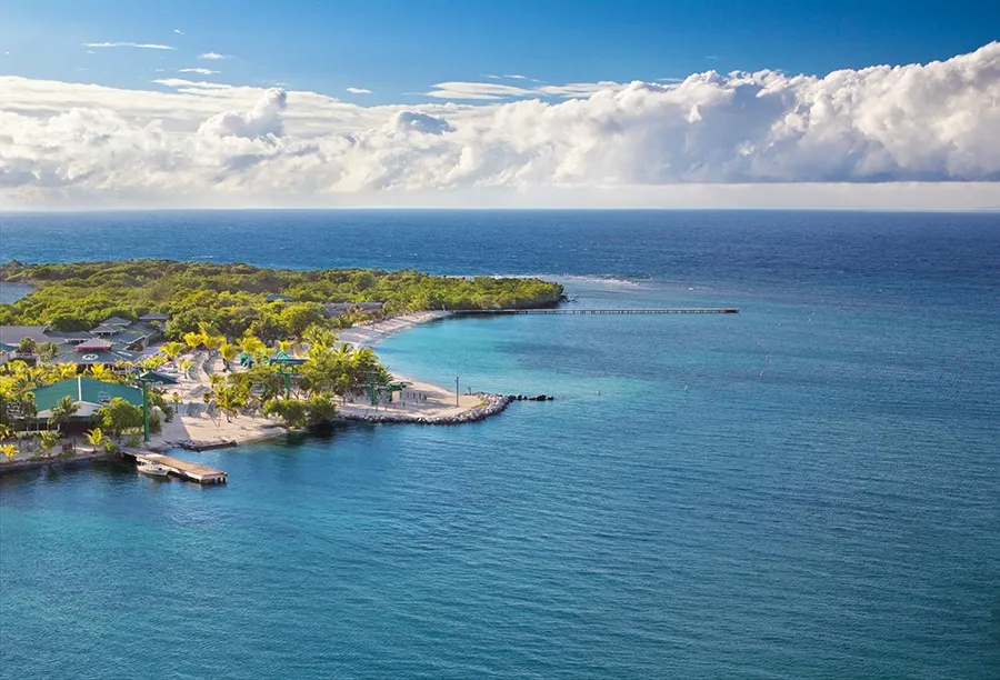 Aerial view of Roatan's reef-fringed Caribbean coastline in Honduras