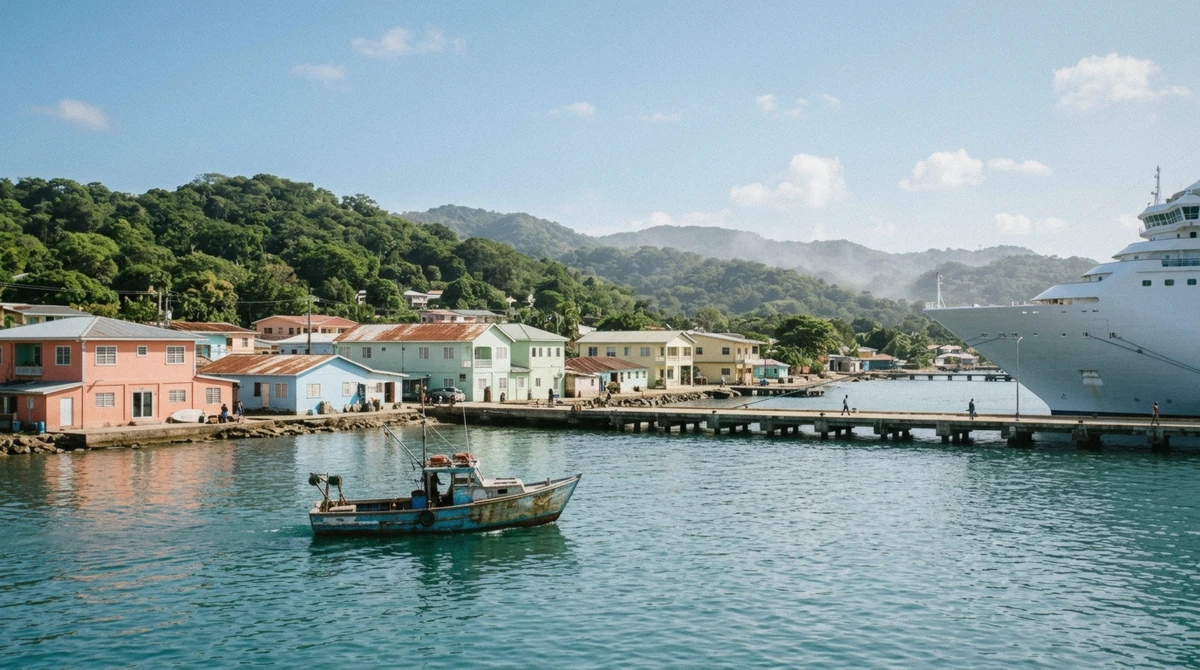Cruise ship docked at the Roatan cruise port pier in Coxen Hole, Honduras