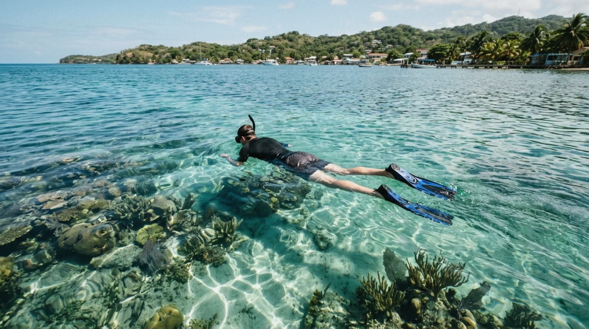A snorkeler in clear water over the reef during the best time to visit Roatan, the calm dry-season months