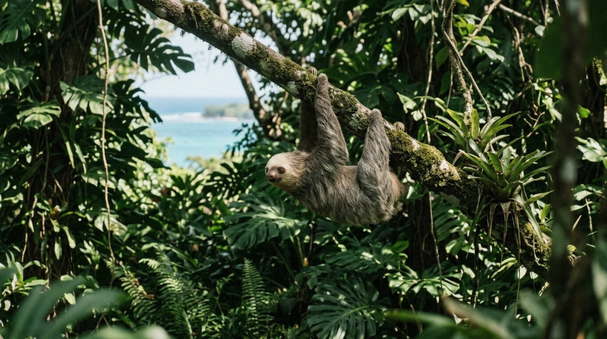 A visitor near a two-toed sloth at a Roatan sanctuary stop, part of what a Roatan excursions cost covers