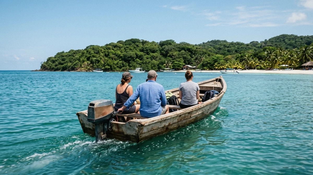 A water taxi carrying passengers between West End and West Bay for a Roatan excursions on your own beach day
