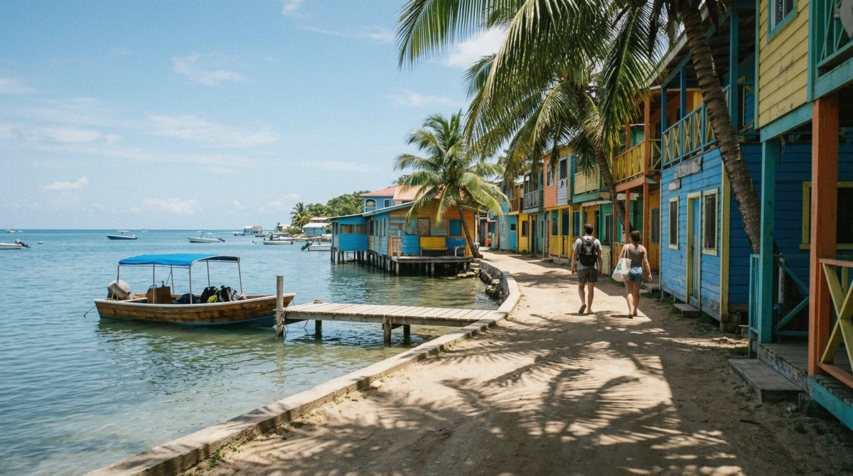 Wooden dive shops and beach bars lining the shore at West End village, one side of the west bay vs west end roatan comparison