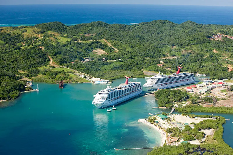 Aerial view of Roatan's coral reef and coastline near the cruise port in Honduras